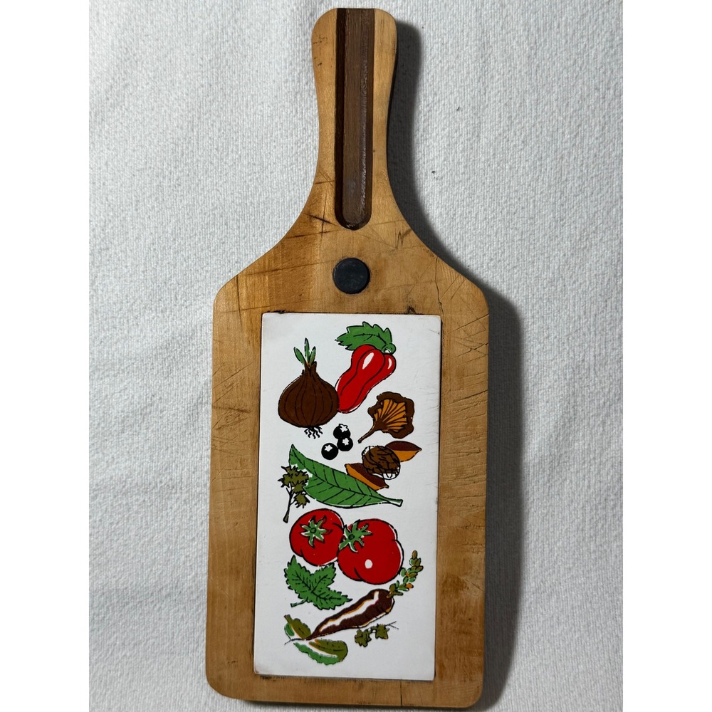 Vintage Nevco Wood Cheese Board Ceramic Tile Vegetable Inlay Japan 12.5 Inch